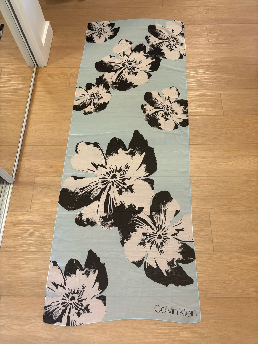Calvin Klein Chiffon Statement Long Scarf Baby Blue Flowers Versatile Wear 60s